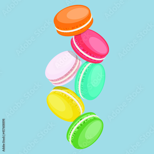 Vector illustration . Macaroons . French sweets . Colorful macaroons on blue background .