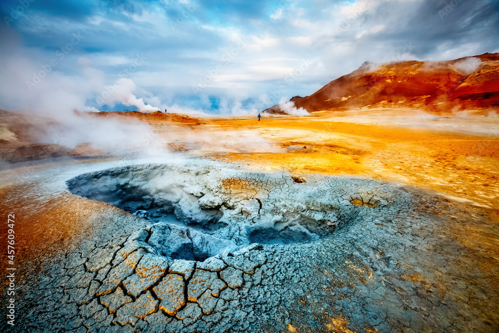 Dramatic view of the geothermal area Hverir (Hverarond). Location place