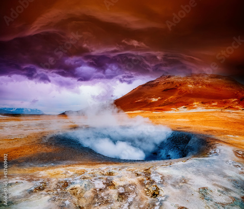 Dramatic view of the geothermal area Hverir  Hverarond . Location place Myvatn lake  Iceland  Europe.