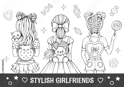 Linear pencil drawing. Antistress coloring book, page. Best friends. Fashion girl with hairstyle and backpack. Cartoon modern princess. Doll or toy. Zen tangle style. Illustration for children. Vector