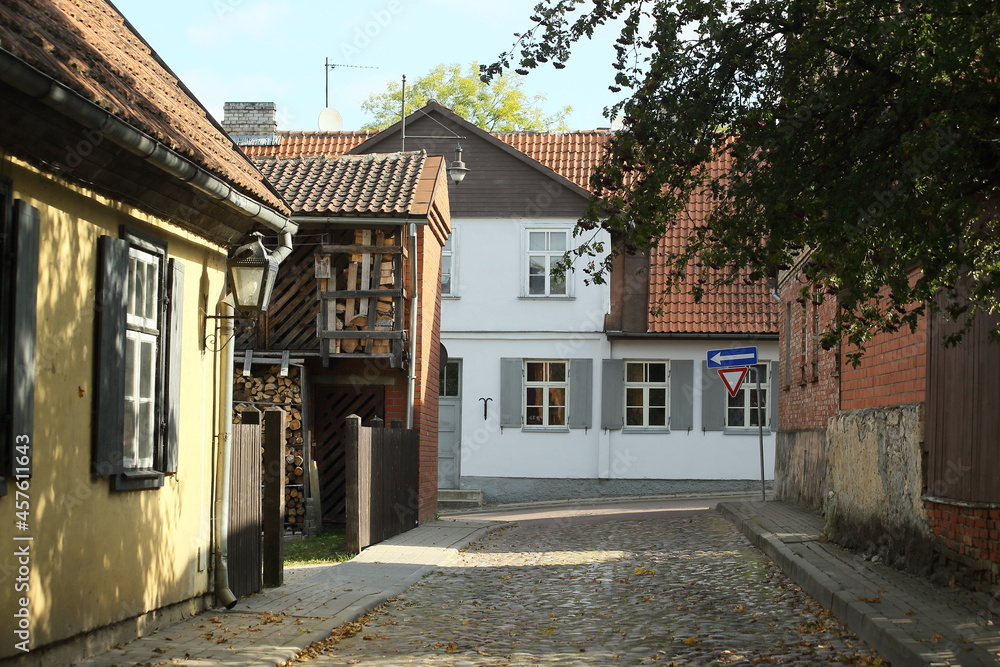 Urban landscape, Medieval town. Houses with tiled roofs. Kuldiga, Latvia. High quality photo