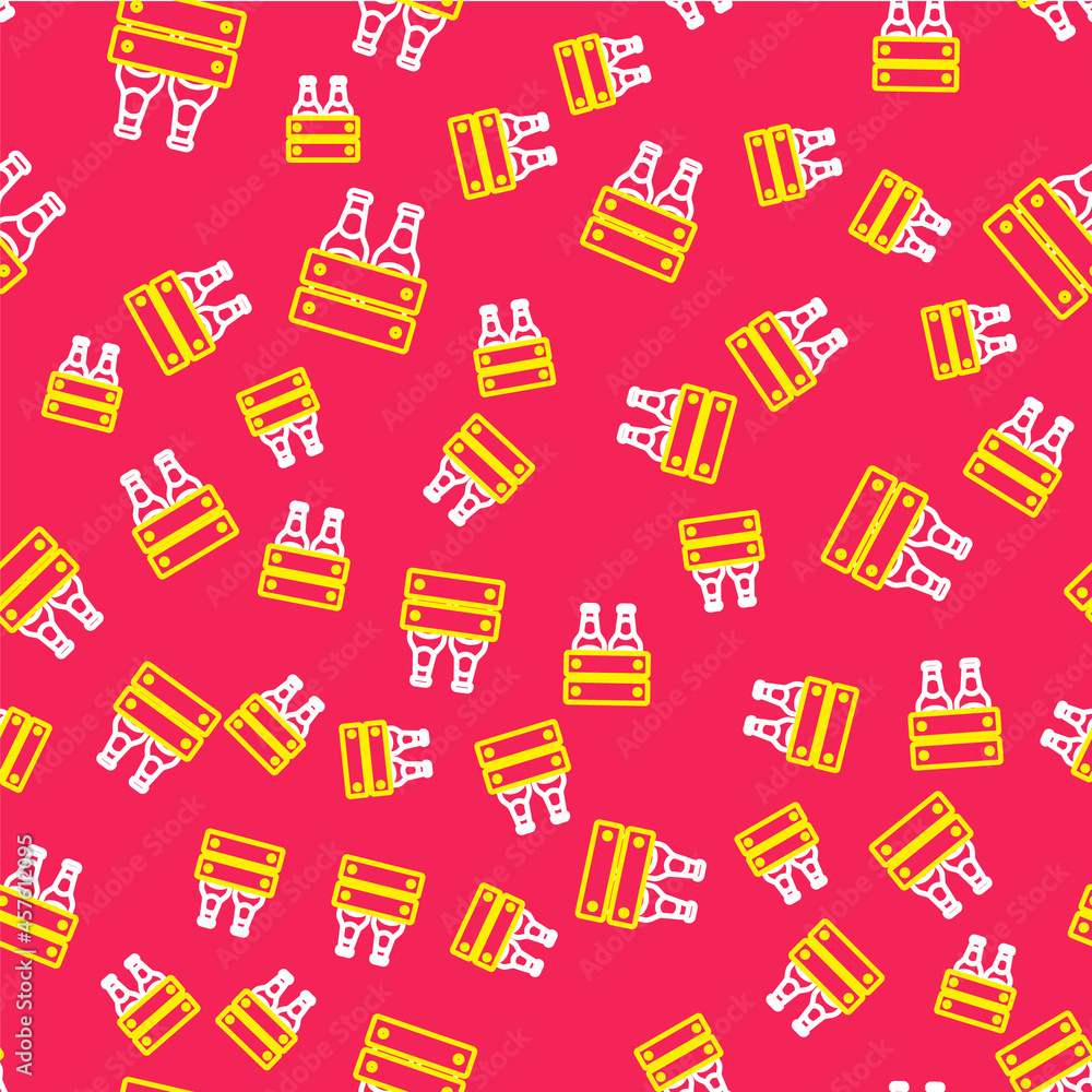 Line Pack of beer bottles icon isolated seamless pattern on red background. Wooden box and beer bottles. Case crate beer box sign. Vector Line Pack of beer bottles icon isolated seamless pattern on red background. Wooden box and beer bottles. Case crate beer box sign. Vector