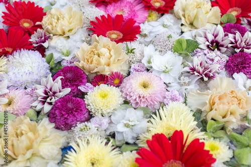 Floral texture made of colorful flowers of gerbera  carnation  chrysanthemum and delphinium.