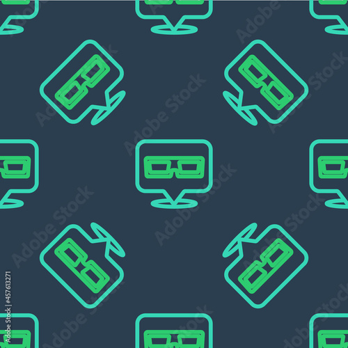 Line 3D cinema glasses icon isolated seamless pattern on blue background. Vector