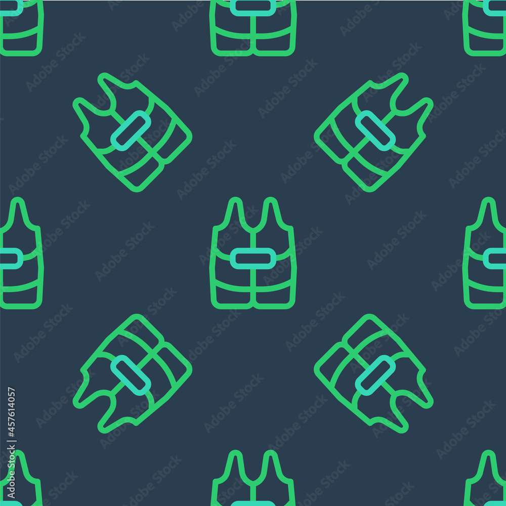 Fototapeta premium Line Life jacket icon isolated seamless pattern on blue background. Life vest icon. Extreme sport. Sport equipment. Vector