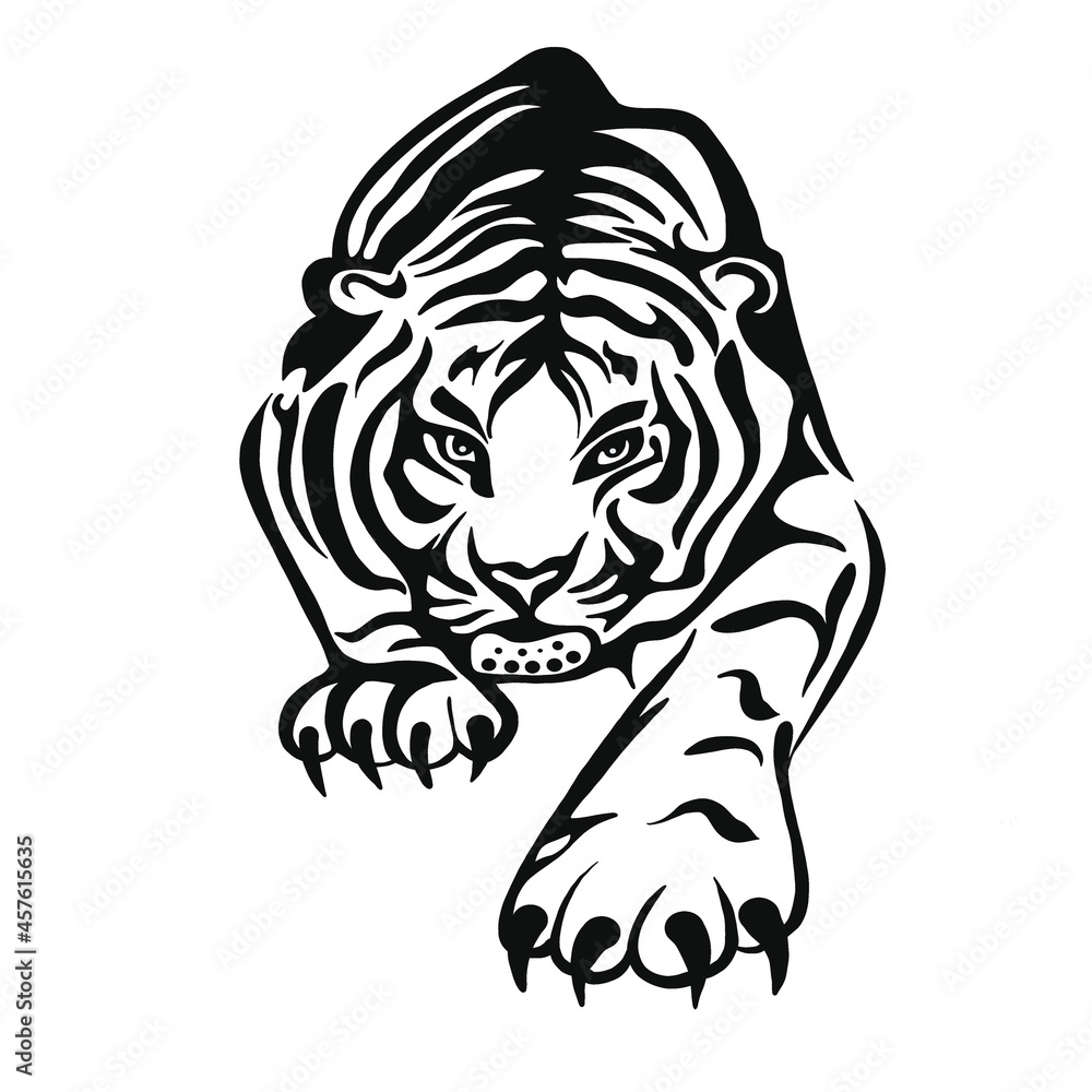 An illustration of a tiger or a wild cat with huge claws and fangs. A bloodthirsty predator before hunting a victim. An idea for a tattoo. a relative of a lion, cougar, leopard or cheetah An illustration of a tiger or a wild cat with huge claws and fangs. A bloodthirsty predator before hunting a victim. An idea for a tattoo. a relative of a lion, cougar, leopard or cheetah