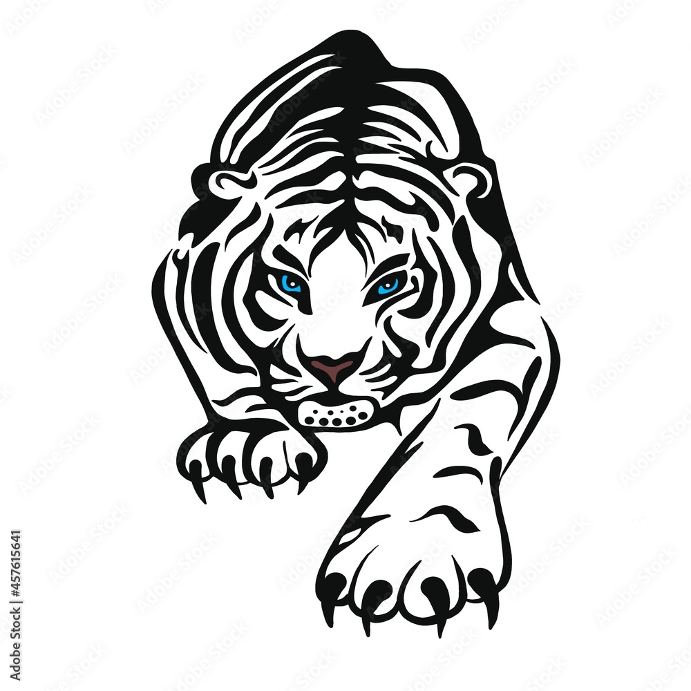 Obraz premium An illustration of a tiger or a wild cat with huge claws and fangs. A bloodthirsty predator before hunting a victim. An idea for a tattoo. a relative of a lion, cougar, leopard or cheetah