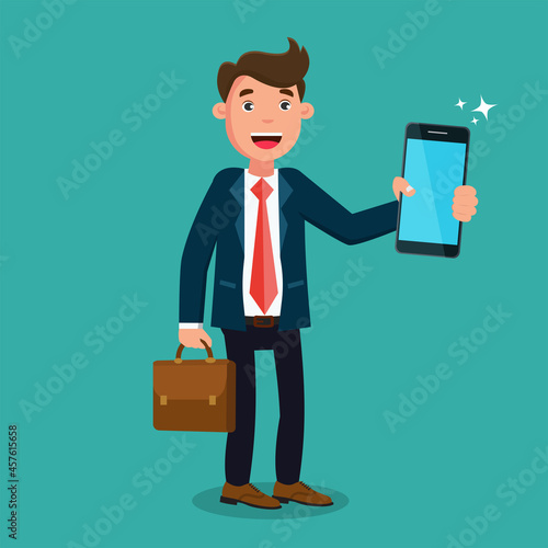 Business man holding smart phone. Business man show smart phone.vector illustration. 