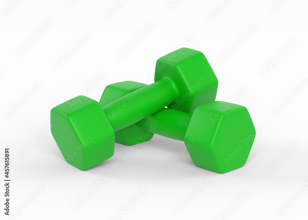 Green rubber or plastic fitness dumbbells isolated on white background. Gym and fitness equipment. Workout tools. Sport training and lifting concept. 3D rendering illustration Green rubber or plastic fitness dumbbells isolated on white background. Gym and fitness equipment. Workout tools. Sport training and lifting concept. 3D rendering illustration