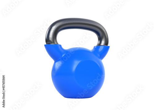 Realistic blue Iron kettlebell isolated on white background. Gym and fitness equipment. Workout tools. Sport training and lifting concept. 3D rendering illustration