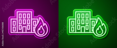 Glowing neon line Fire in burning buildings on city street icon isolated on purple and green background. Destroyed city on fire. Vector