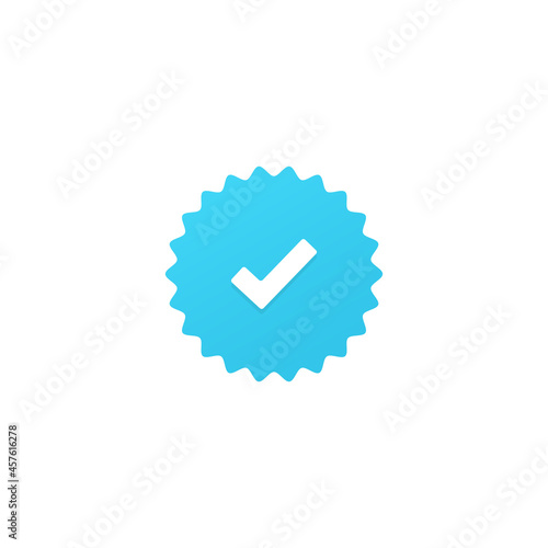 Approved White Check Mark icon with Blue Circle Shape Sparkle Star Sticker Label isolated on White Background. Flat Vector Icon Design Element
