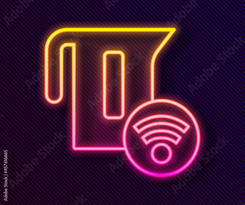 Glowing neon line Smart electric kettle system icon isolated on black background. Teapot icon. Internet of things concept with wireless connection. Vector