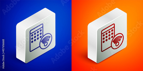 Isometric line Air humidifier icon isolated on blue and orange background. Portable electric home appliance, home air purification and humidification. Silver square button. Vector