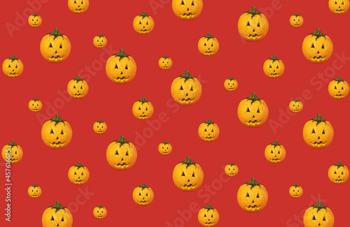 Yellow pumpkin pattern on red background. Minimal halloween concept.