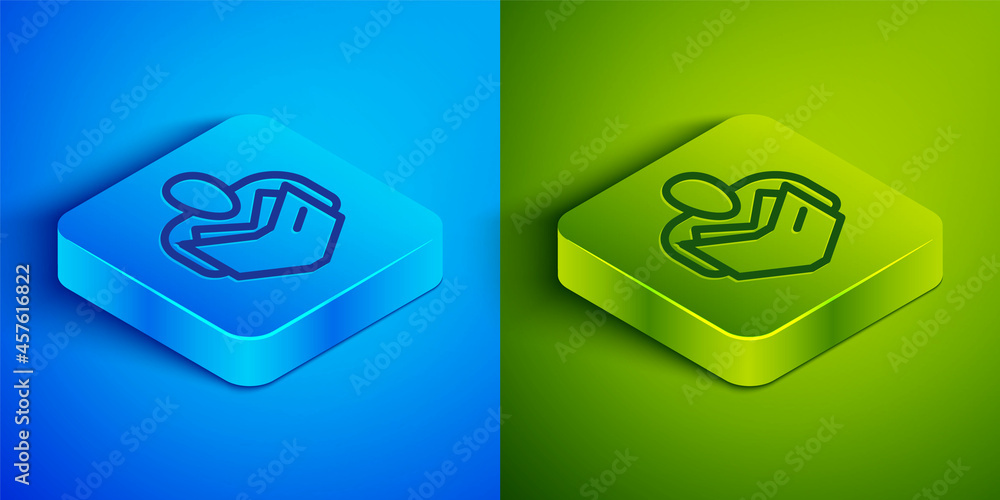 Isometric line Man reading book icon isolated on blue and green background. Square button. Vector Isometric line Man reading book icon isolated on blue and green background. Square button. Vector