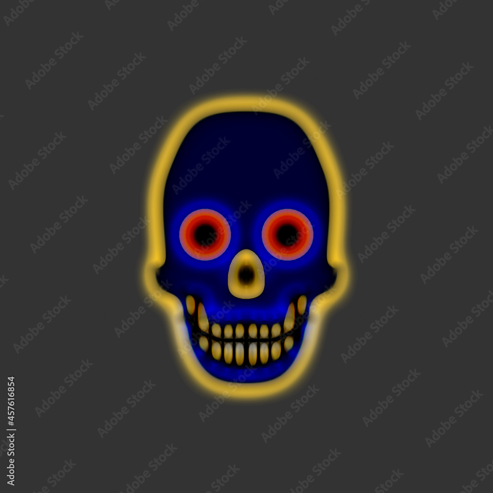 Blue smiling skull with yellow glowing edges isolated on the dark gray background