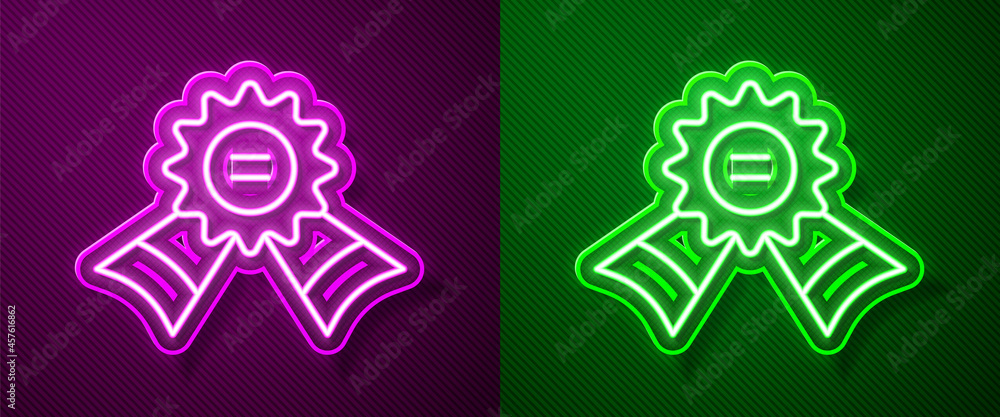 Glowing neon line Medal icon isolated on purple and green background. Winner symbol. Vector Glowing neon line Medal icon isolated on purple and green background. Winner symbol. Vector