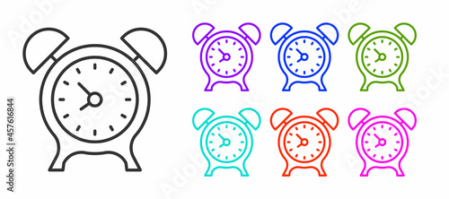 Black line Alarm clock icon isolated on white background. Wake up, get up concept. Time sign. Set icons colorful. Vector
