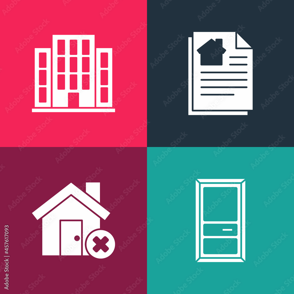 Set pop art Closed door, House with wrong mark, contract and icon. Vector