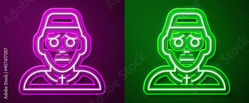Glowing neon line Priest icon isolated on purple and green background. Vector