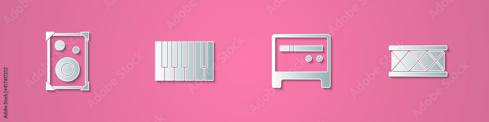 Set paper cut Stereo speaker, Grand piano, Guitar amplifier and Drum icon. Paper art style. Vector
