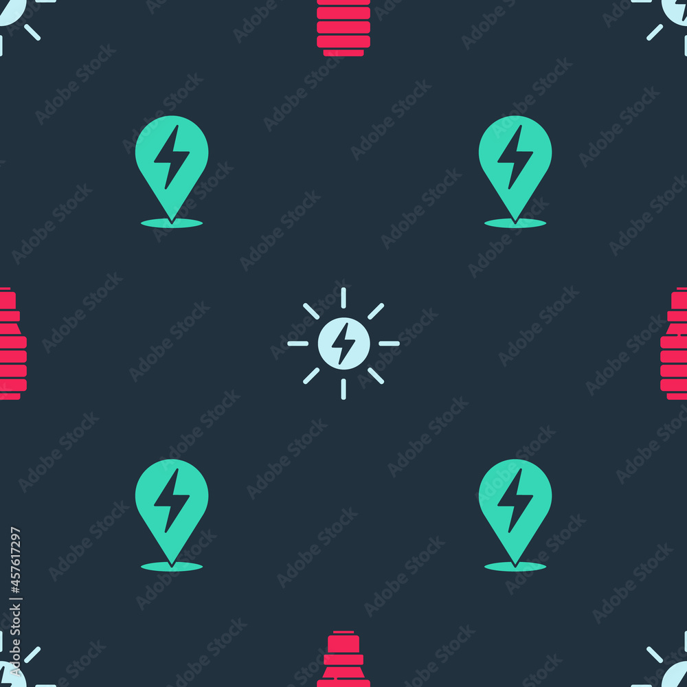 Set LED light bulb, Solar energy panel and Lightning bolt on seamless pattern. Vector Set LED light bulb, Solar energy panel and Lightning bolt on seamless pattern. Vector