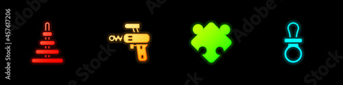 Set Pyramid toy, Ray gun, Puzzle pieces and Baby dummy pacifier icon. Vector