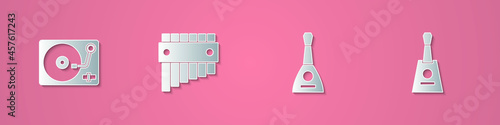 Set paper cut Vinyl player with vinyl disk, Pan flute, Balalaika and icon. Paper art style. Vector