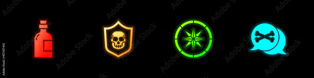 Set Alcohol drink Rum, Shield with pirate skull, Compass and Location icon. Vector Set Alcohol drink Rum, Shield with pirate skull, Compass and Location icon. Vector