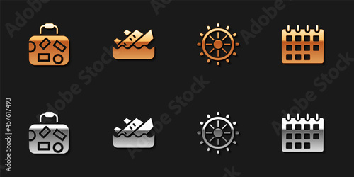 Set Suitcase, Sinking cruise ship, Ship steering wheel and Calendar icon. Vector