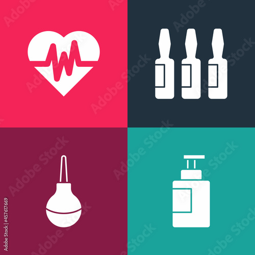 Set pop art Hand sanitizer bottle, Enema, Medical vial, ampoule and Heart rate icon. Vector