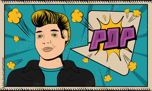 Pop art retro boy with a bubble chat on a comic page