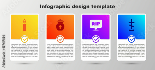 Set Burning candle, Funeral, Speech bubble rip death and Grave with cross. Business infographic template. Vector