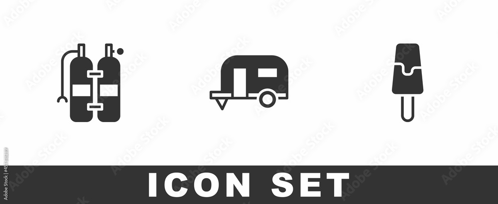 Set Aqualung, Rv Camping trailer and Ice cream icon. Vector Set Aqualung, Rv Camping trailer and Ice cream icon. Vector