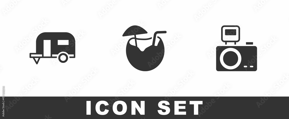 Set Rv Camping trailer, Coconut cocktail and Photo camera with flash icon. Vector Set Rv Camping trailer, Coconut cocktail and Photo camera with flash icon. Vector