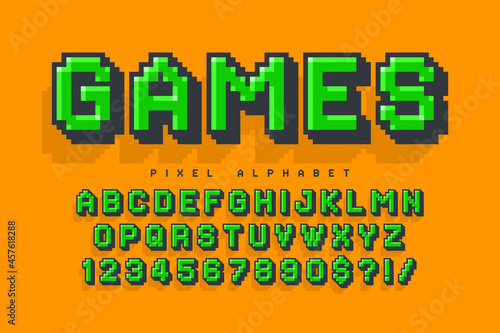 Pixel vector alphabet design, stylized like in 8-bit games.