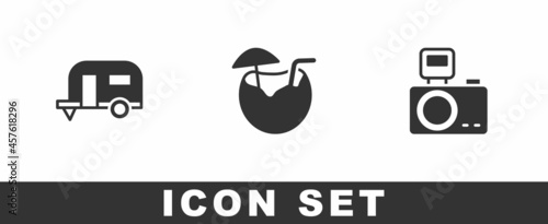 Set Rv Camping trailer, Coconut cocktail and Photo camera with flash icon. Vector