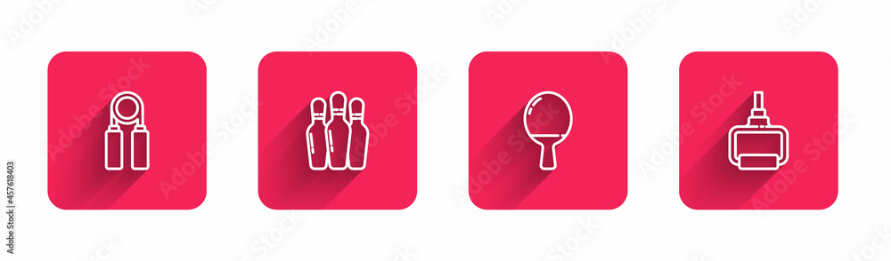 Set line Sport expander, Bowling pin, Racket for playing table tennis and TPX loop training equipment with long shadow. Red square button. Vector Set line Sport expander, Bowling pin, Racket for playing table tennis and TPX loop training equipment with long shadow. Red square button. Vector
