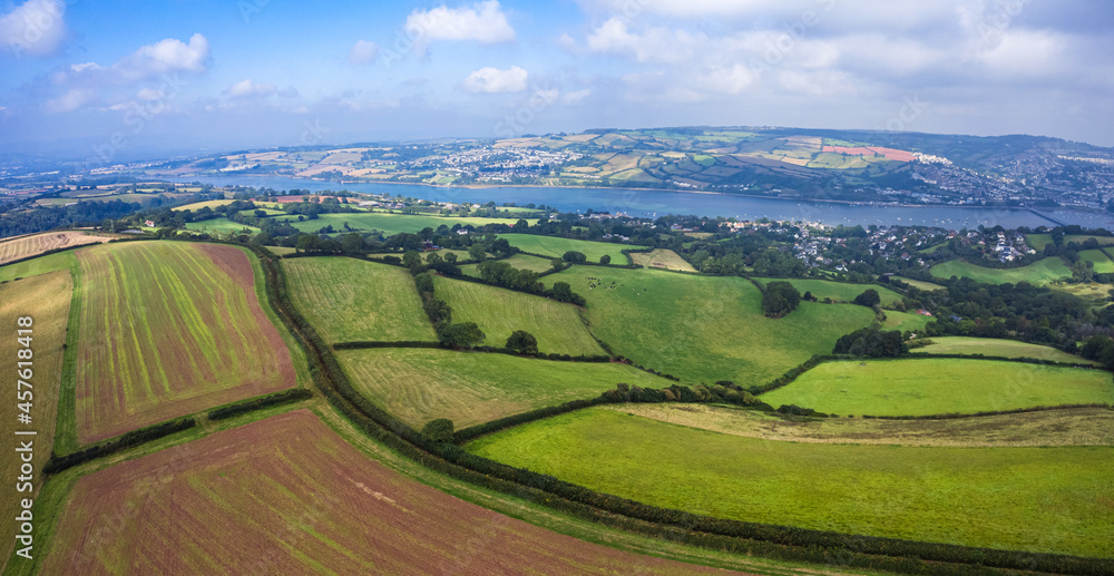 Panorama from a drone of fields over Ringmore and River Teign, Devon, England, Europe Panorama from a drone of fields over Ringmore and River Teign, Devon, England, Europe