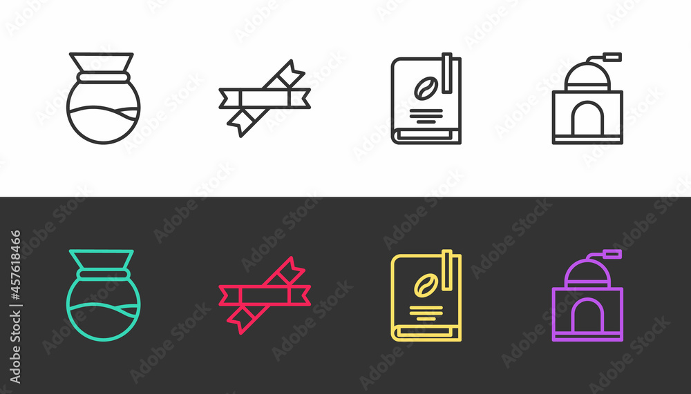 Set line Pour over coffee maker, Sugar stick packets, Coffee book and Manual grinder on black and white. Vector Set line Pour over coffee maker, Sugar stick packets, Coffee book and Manual grinder on black and white. Vector