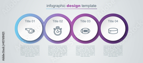 Set line Whistle, Stopwatch, American Football ball and Hockey puck. Business infographic template. Vector