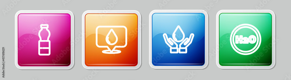 Set line Bottle of water, Water drop with location, Washing hands soap and Chemical formula for H2O. Colorful square button. Vector Set line Bottle of water, Water drop with location, Washing hands soap and Chemical formula for H2O. Colorful square button. Vector