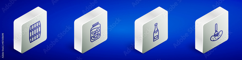 Set Isometric line Wooden barrel, Pickled cucumbers in jar, Champagne bottle and on fork icon. Vector Set Isometric line Wooden barrel, Pickled cucumbers in jar, Champagne bottle and on fork icon. Vector