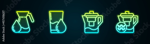 Set line Jug glass with water, Glass, Water jug filter and . Glowing neon icon. Vector