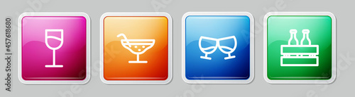 Set line Wine glass, Cocktail, Glass of cognac or brandy and Pack beer bottles. Colorful square button. Vector
