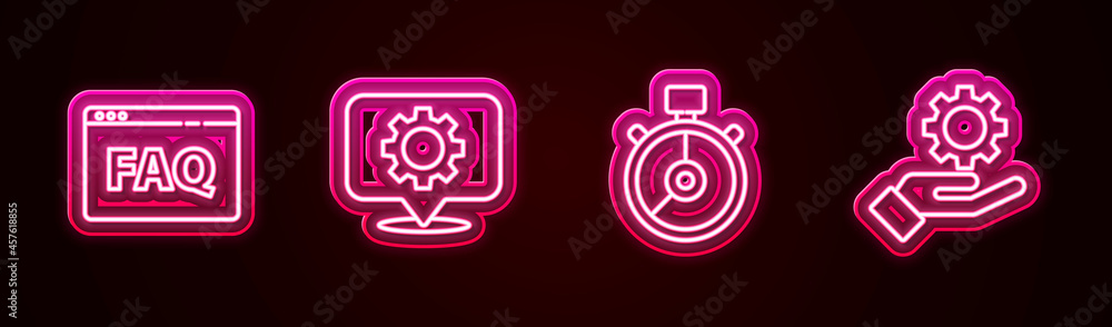 Set line Browser FAQ, Location with gear, Stopwatch and Settings in the hand. Glowing neon icon. Vector Set line Browser FAQ, Location with gear, Stopwatch and Settings in the hand. Glowing neon icon. Vector
