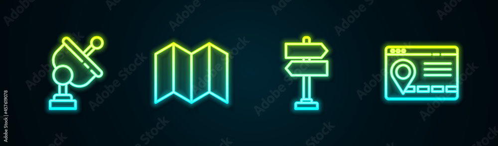 Set line Radar, Folded map, Road traffic sign and Infographic of city navigation. Glowing neon icon. Vector Set line Radar, Folded map, Road traffic sign and Infographic of city navigation. Glowing neon icon. Vector