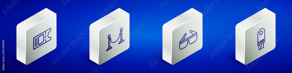 Set Isometric line Cinema ticket, Rope barrier, 3D cinema glasses and USB flash drive icon. Vector Set Isometric line Cinema ticket, Rope barrier, 3D cinema glasses and USB flash drive icon. Vector