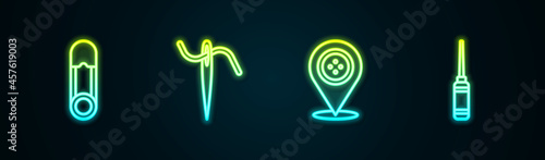 Set line Safety pin, Needle for sewing with thread, Location tailor shop and Awl tool. Glowing neon icon. Vector